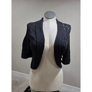 NY Collection Black Open Front Knit Shrug Cardigan With Ribbed Hem & Sleeve Deta